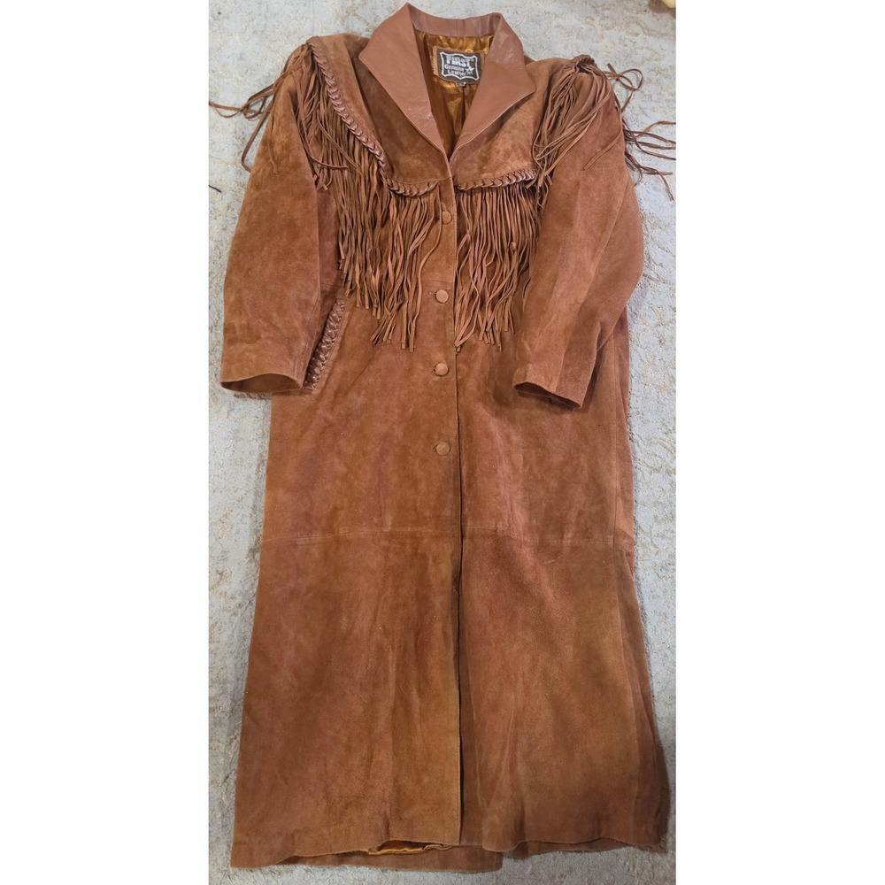 Vtg First Genuine Leather Brown Suede Fringe Western Duster Coat Large